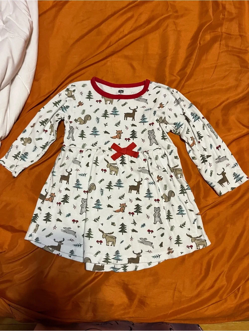 Holiday Forest Print Kids Long-Sleeve Dress - Red Trim